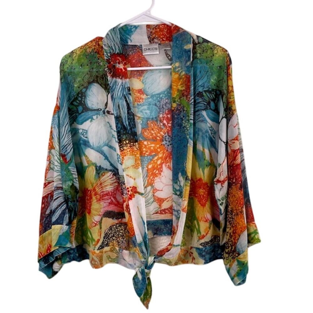 Chico's silk Coral 3/4's Sleeve Boxy Tunic Tie Front Top